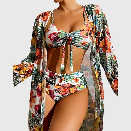 Women's floral bikini set with tie-front top, high-waisted briefs and long-sleeve cover-up
