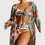 Women's floral bikini set with tie-front top, high-waisted briefs and long-sleeve cover-up