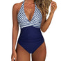 Women's floral one-piece swimsuit with V-neck, halter straps and ruched waist