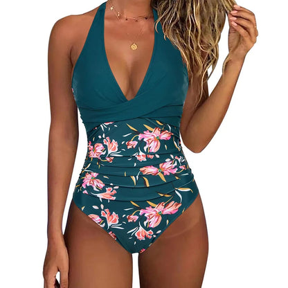 Women's floral one-piece swimsuit with V-neck, halter straps and ruched waist