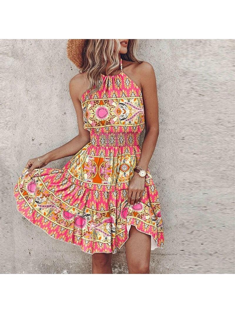 Women's sleeveless halter dress with colourful paisley print and tiered knee-length skirt