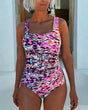 Women's abstract multicoloured one-piece swimsuit with square neckline and wide straps