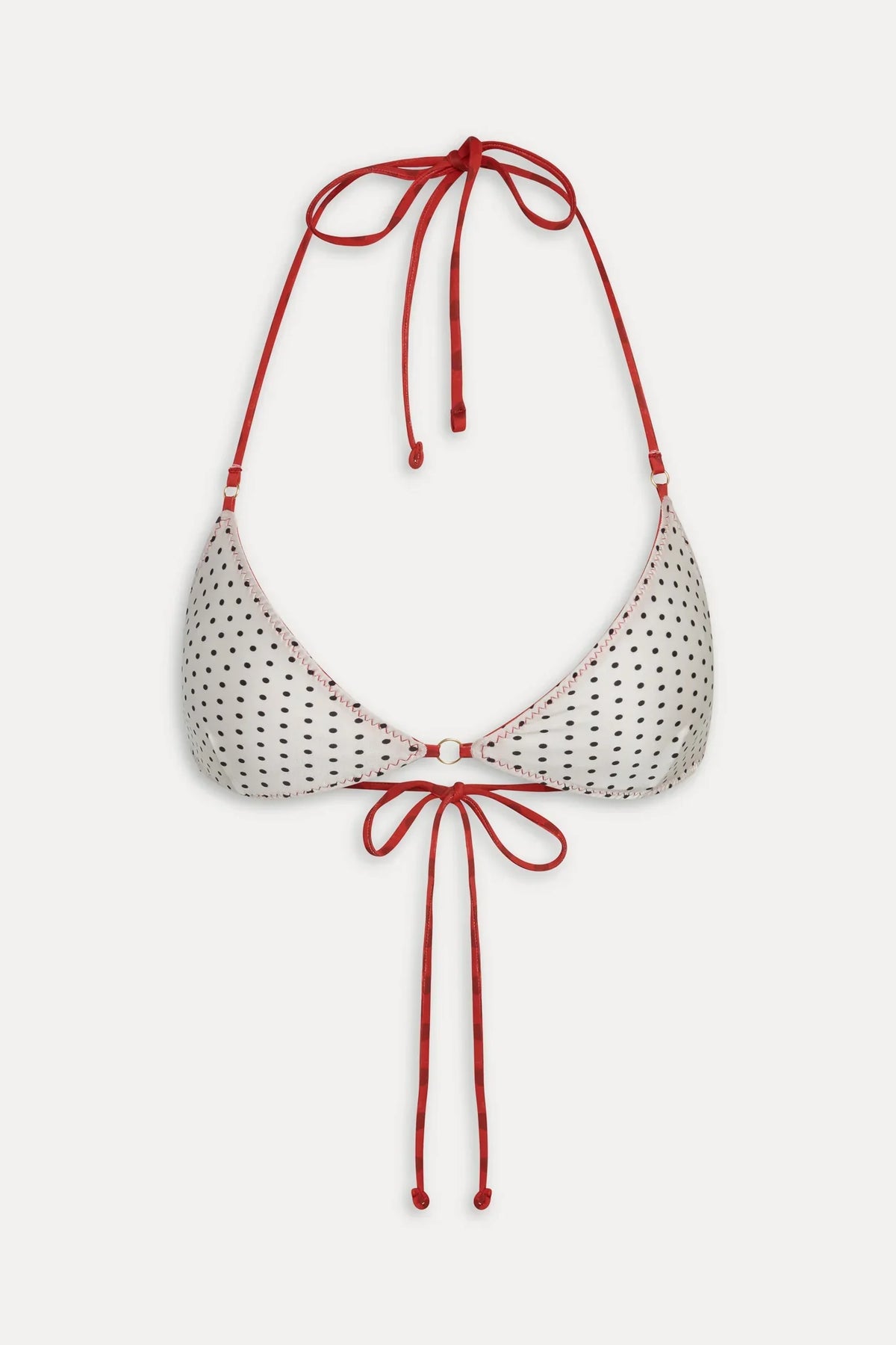 Women's reversible triangle bikini top with red and black polka dot designs