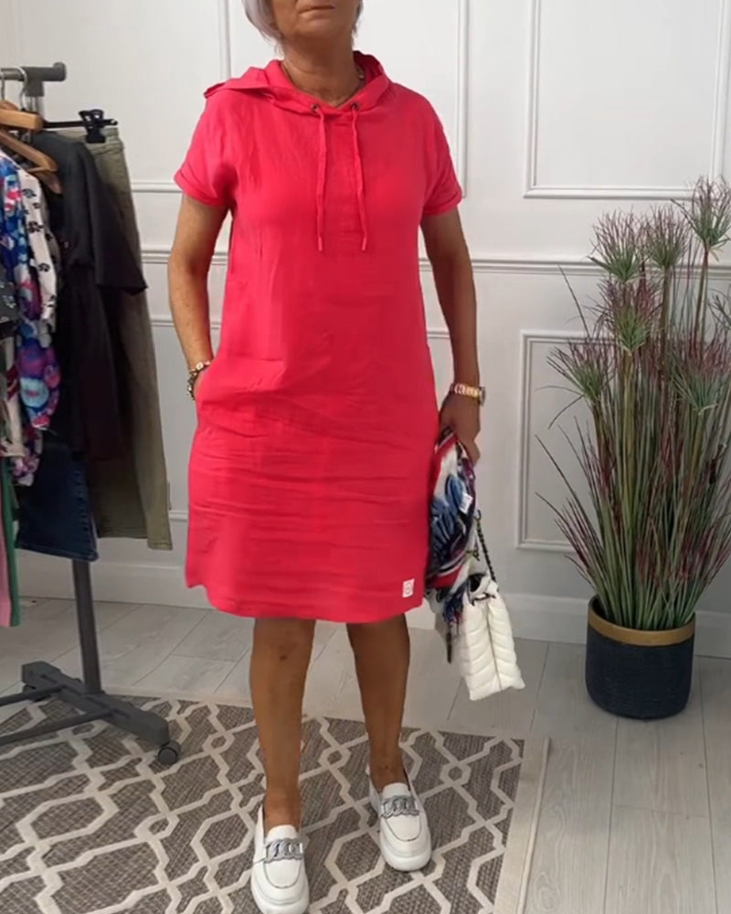 Women's short-sleeved hooded casual dress with front pouch pocket