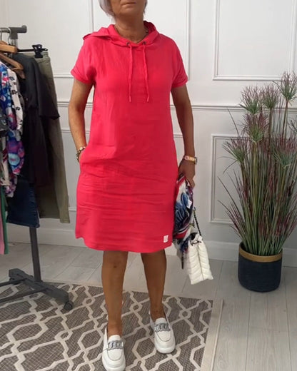 Women's short-sleeved hooded casual dress with front pouch pocket