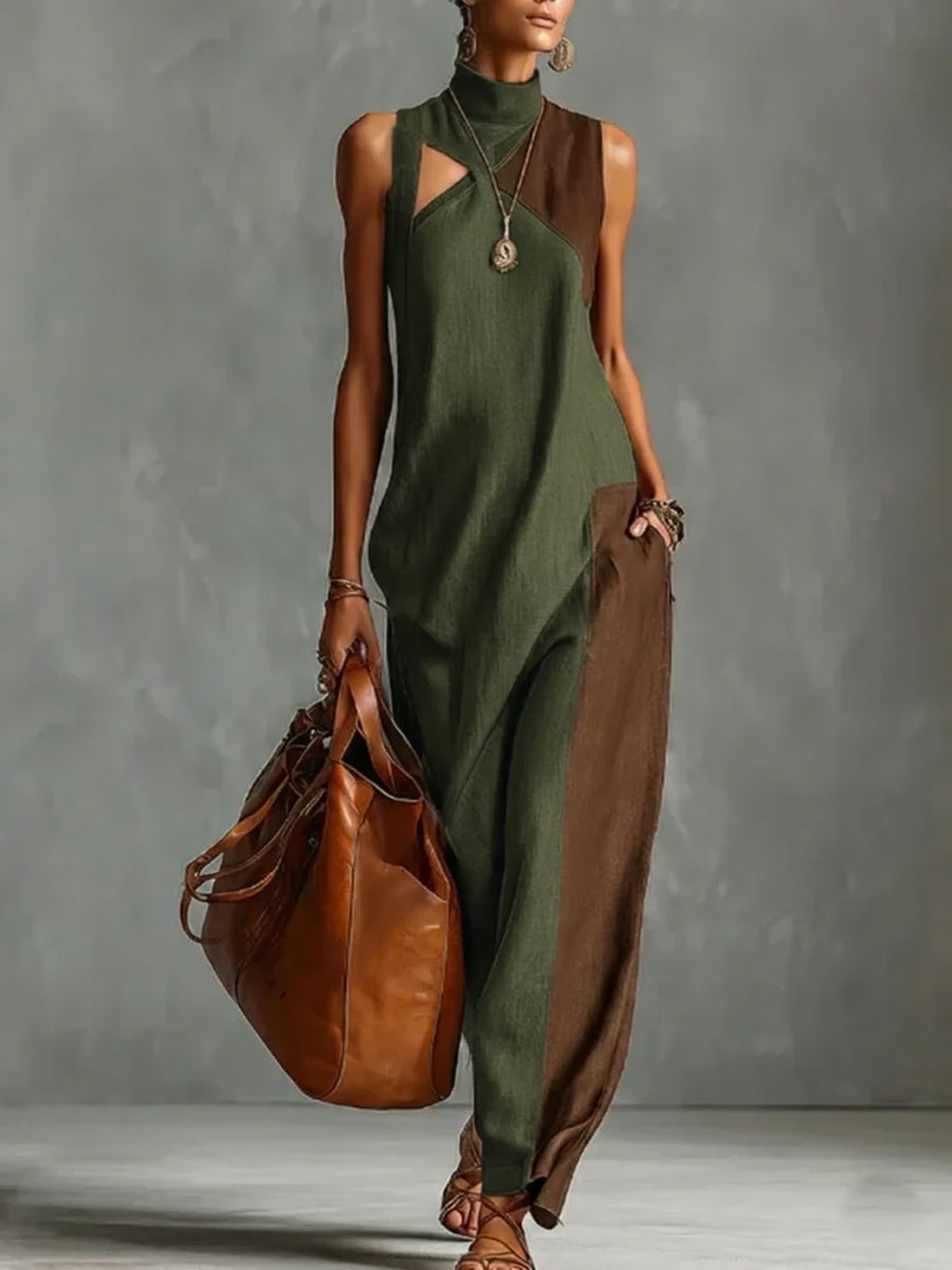 Women's sleeveless colour block maxi dress with mock neck, asymmetric hem and side pocket