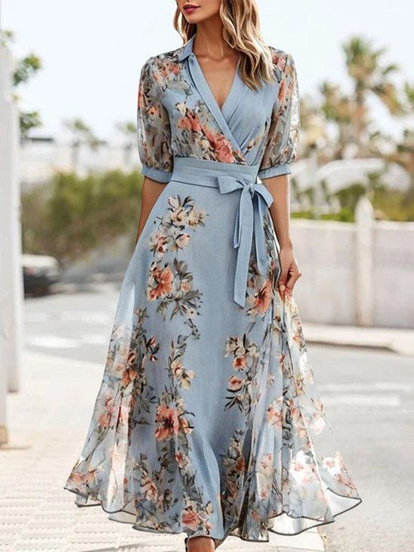 Women's blue floral wrap midi dress with V-neck and short puff sleeves