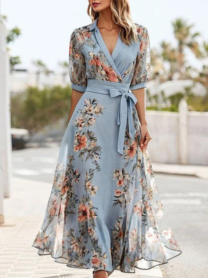 Women's blue floral wrap midi dress with V-neck and short puff sleeves