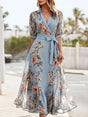 Women's blue floral wrap midi dress with V-neck and short puff sleeves