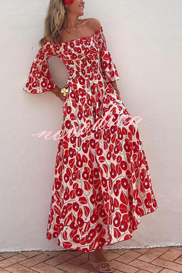 Women's red floral off-shoulder smocked maxi dress with flared sleeves