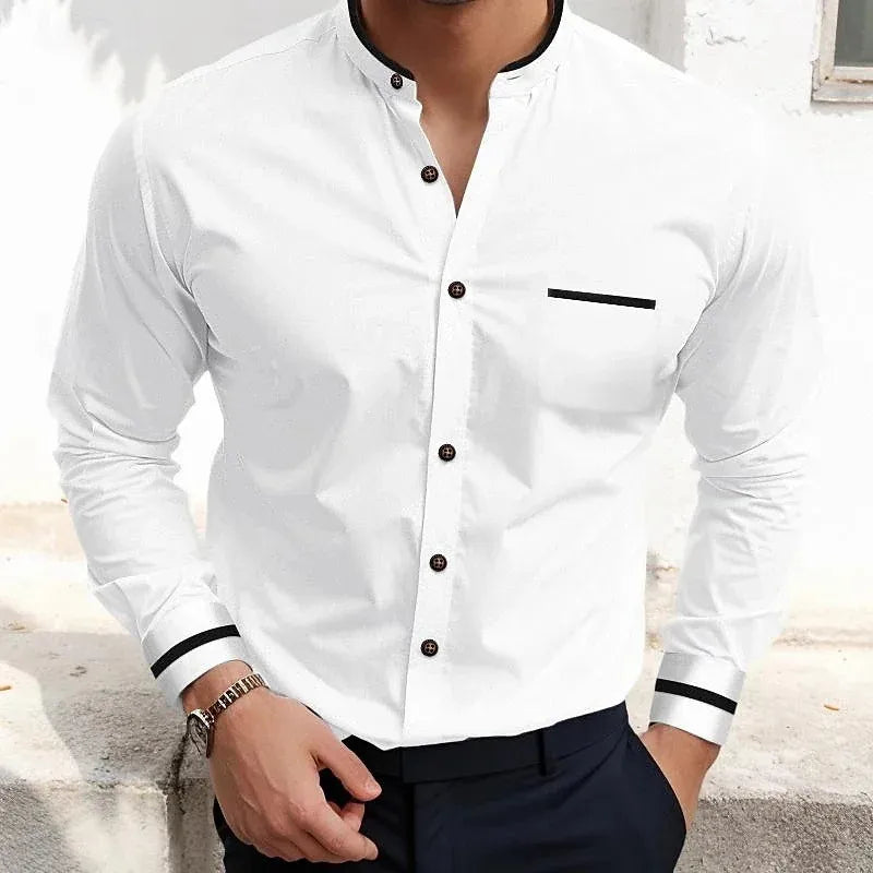 Men's long-sleeve grandad collar shirt with contrast-trim chest pocket