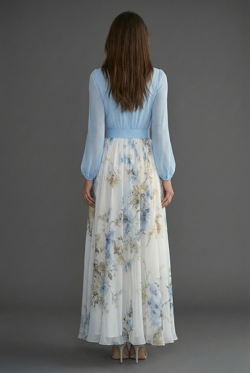 Women's floral maxi dress with draped V-neckline and long sleeves