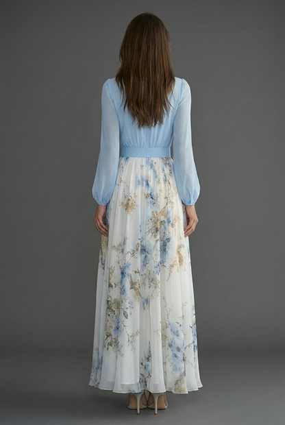 Women's floral maxi dress with draped V-neckline and long sleeves