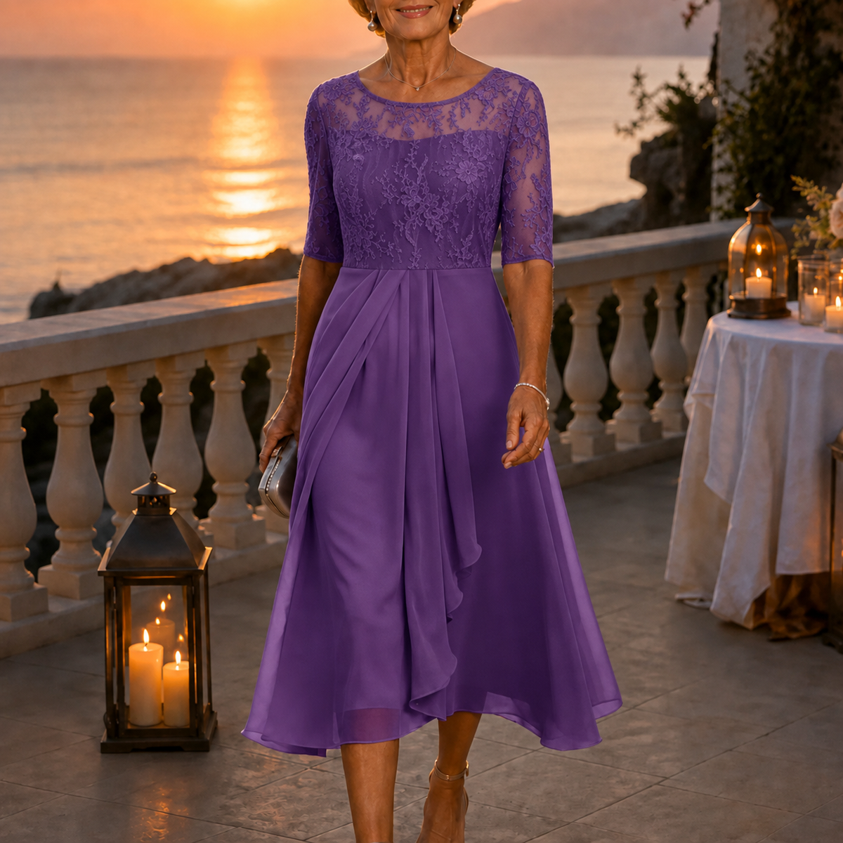 Women's floral lace bodice midi dress with three quarter sleeves and pleated ruffle skirt