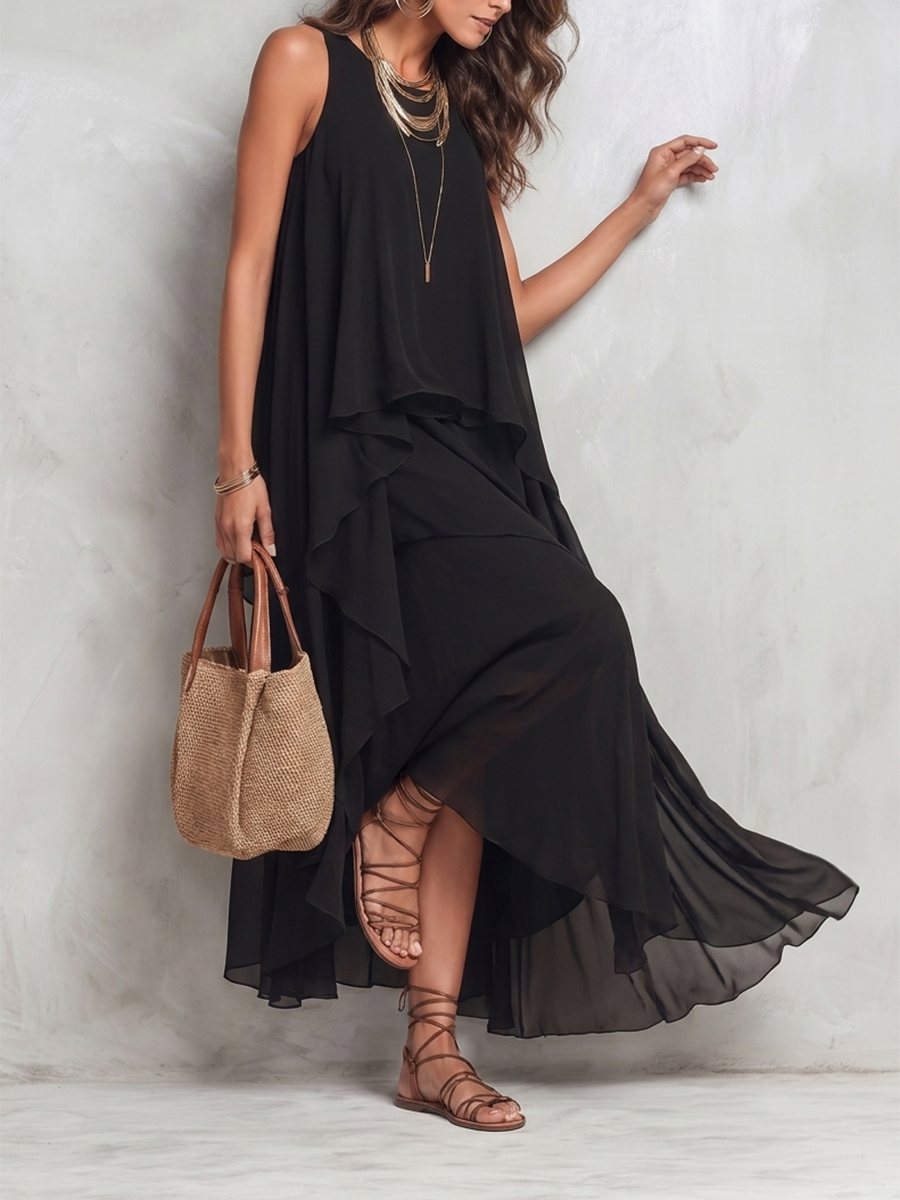 Women's black sleeveless layered maxi dress with round neck and flowing ruffle layers