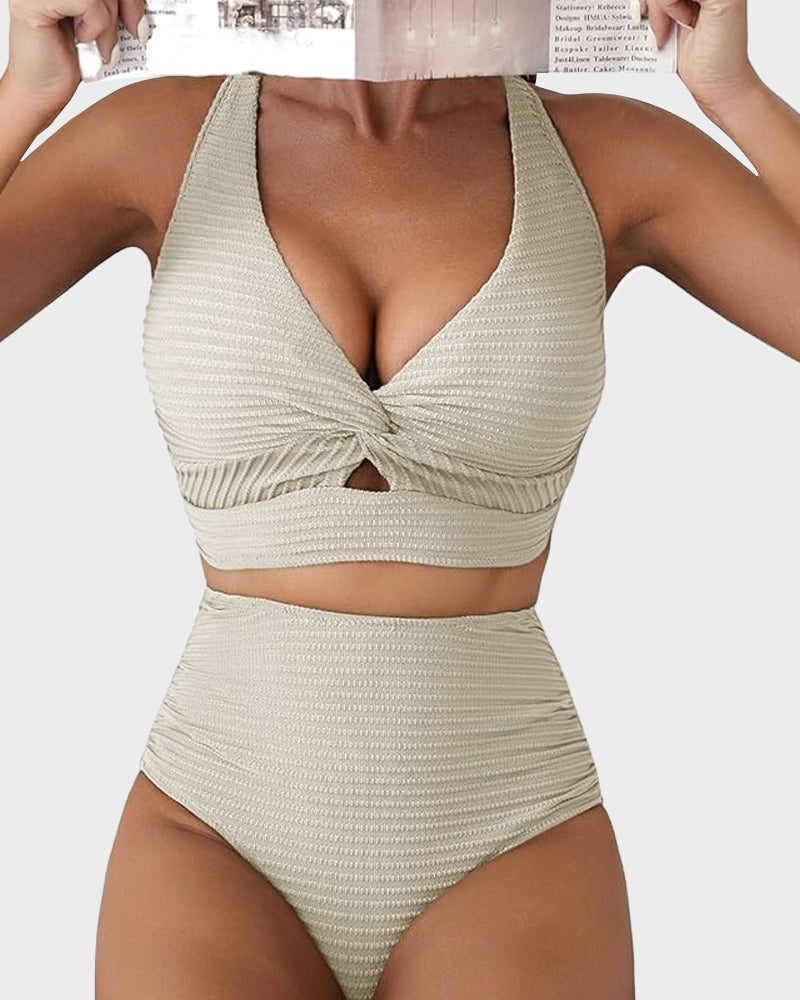 Women's textured knot-front bikini set with high-waisted briefs