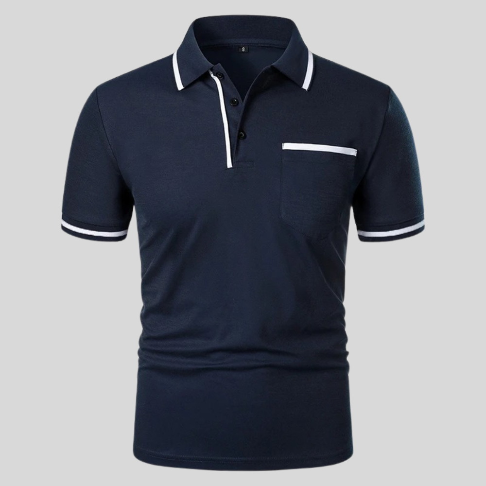 Men's short sleeve polo shirt with contrast trim and chest pocket