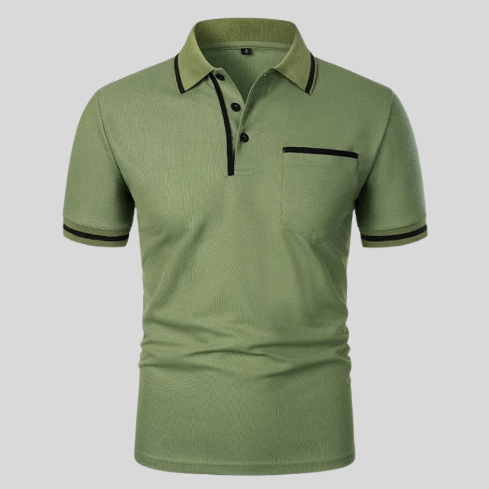 Men's short sleeve polo shirt with contrast trim and chest pocket