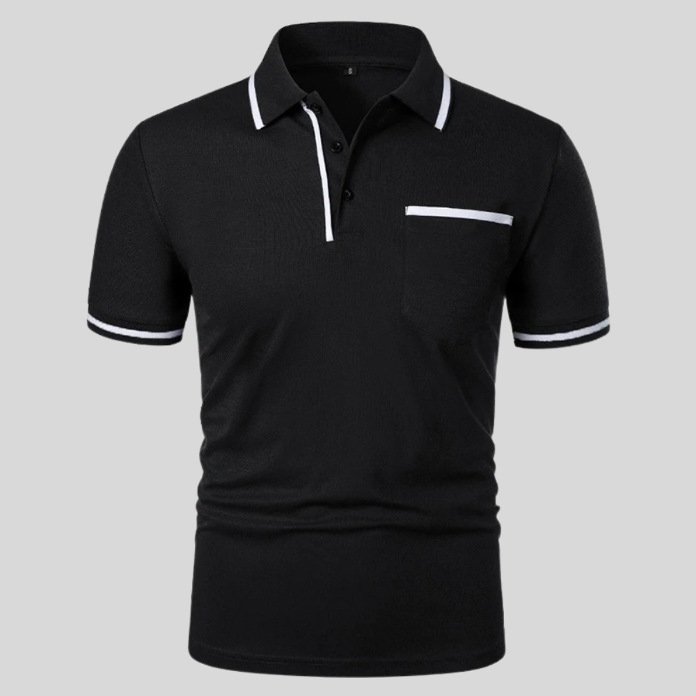 Men's short sleeve polo shirt with contrast trim and chest pocket