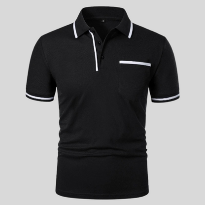 Men's short sleeve polo shirt with contrast trim and chest pocket