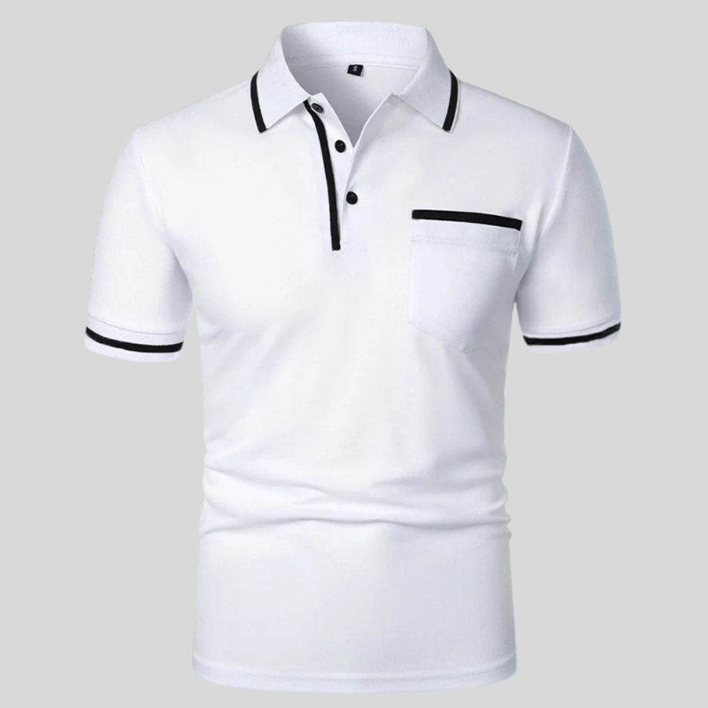 Men's short sleeve polo shirt with contrast trim and chest pocket