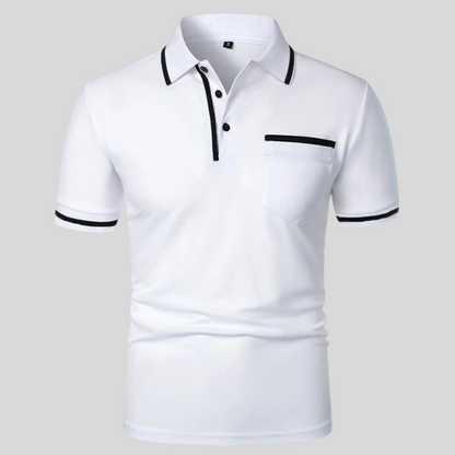 Men's short sleeve polo shirt with contrast trim and chest pocket