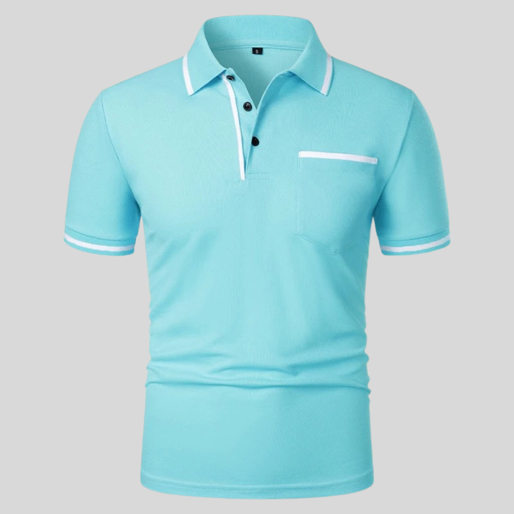 Men's short sleeve polo shirt with contrast trim and chest pocket