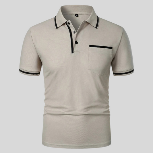 Men's short sleeve polo shirt with contrast trim and chest pocket