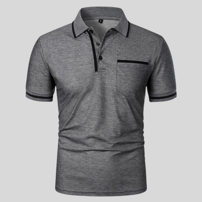 Men's short sleeve polo shirt with contrast trim and chest pocket