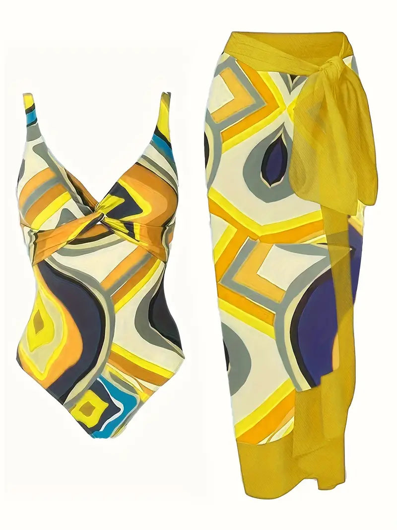 Women's patterned halter one-piece swimsuit with tie detail and long wrap layer