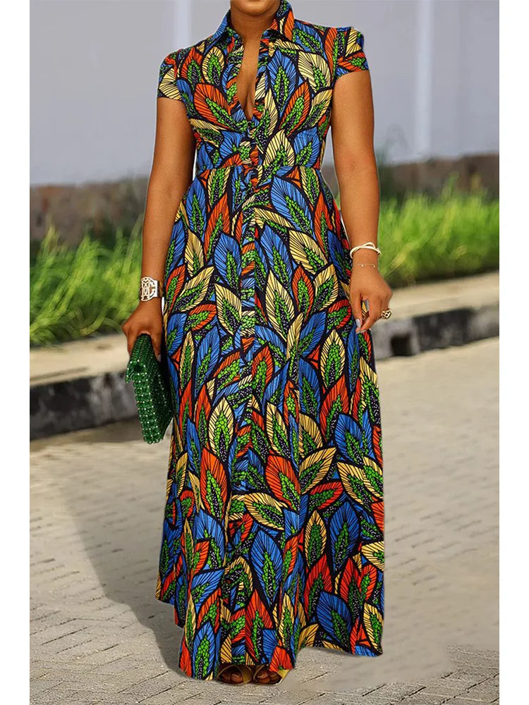 Women's full-length leaf print maxi dress with mandarin collar and short sleeves