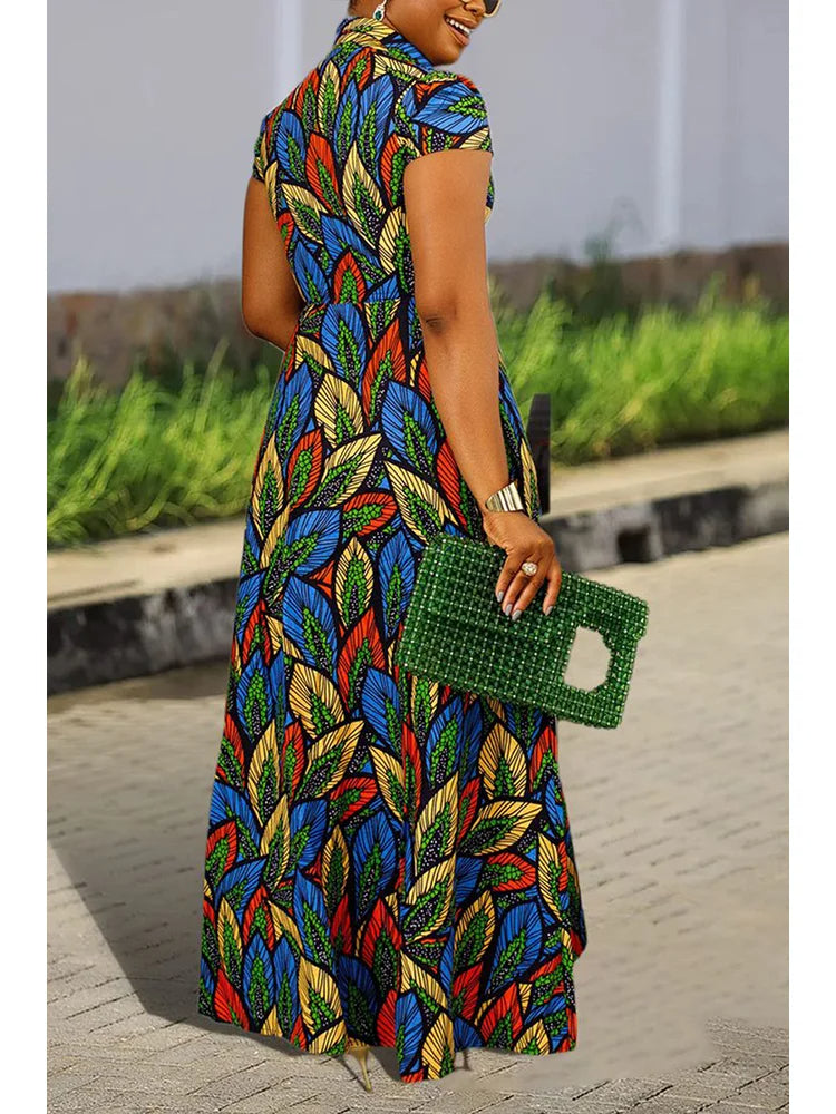 Women's full-length leaf print maxi dress with mandarin collar and short sleeves