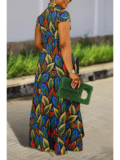Women's full-length leaf print maxi dress with mandarin collar and short sleeves