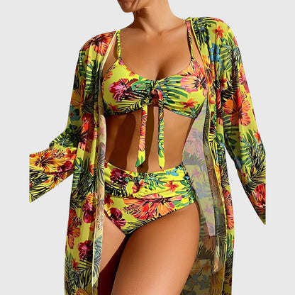 Women's floral bikini set with tie-front top, high-waisted briefs and long-sleeve cover-up