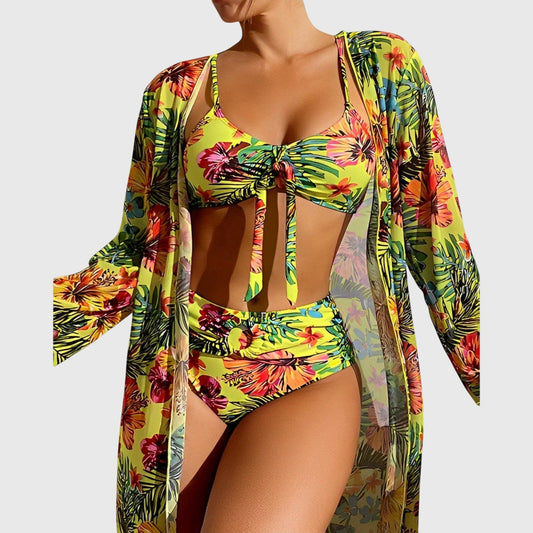 Women's floral bikini set with tie-front top, high-waisted briefs and long-sleeve cover-up