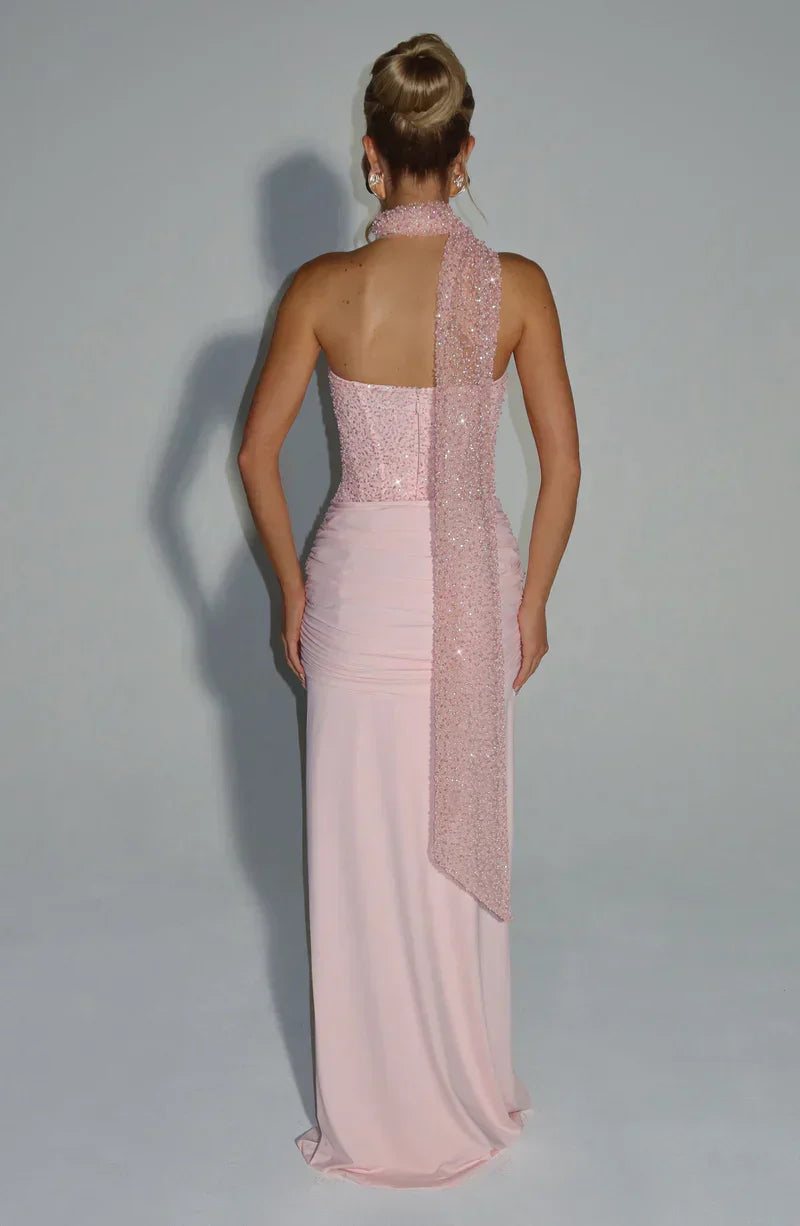 Women's strapless sequined maxi dress with sweetheart neckline and draped floor-length skirt
