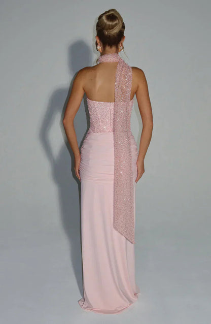 Women's strapless sequined maxi dress with sweetheart neckline and draped floor-length skirt
