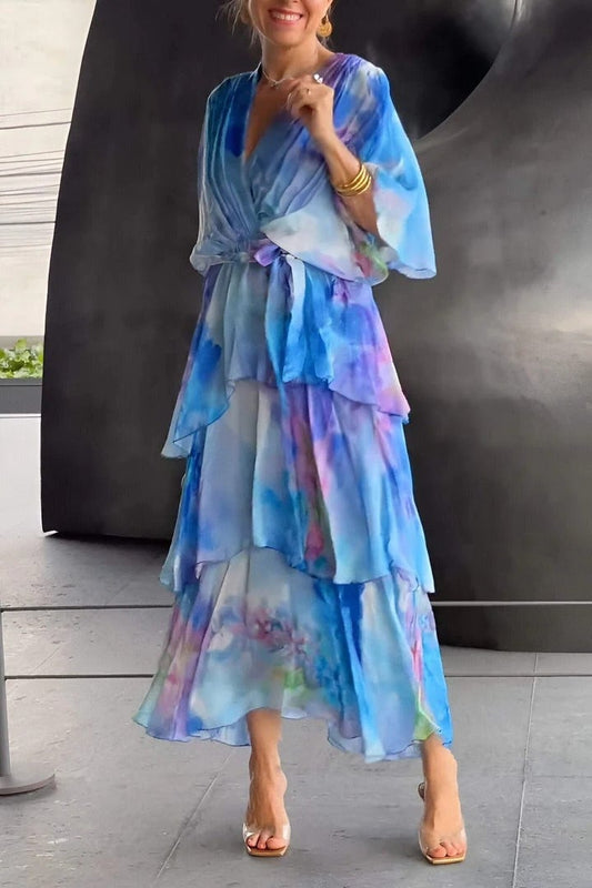 Women's abstract wrap maxi dress with V-neckline, short sleeves and layered ankle-length hem