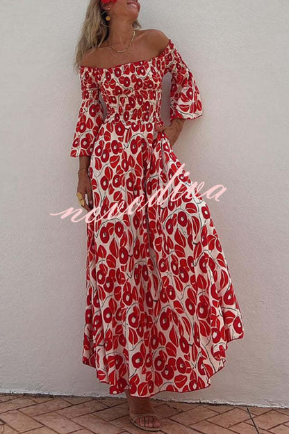 Women's red floral off-shoulder smocked maxi dress with flared sleeves