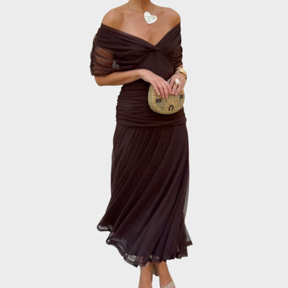 Women's floral off-shoulder maxi dress with ruched waist and flowing skirt