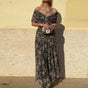 Women's floral off-shoulder maxi dress with ruched waist and flowing skirt