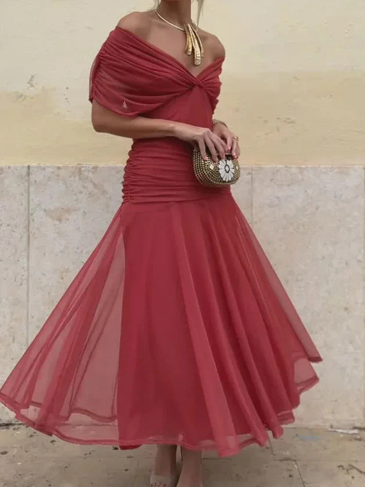 Women's floral off-shoulder maxi dress with ruched waist and flowing skirt