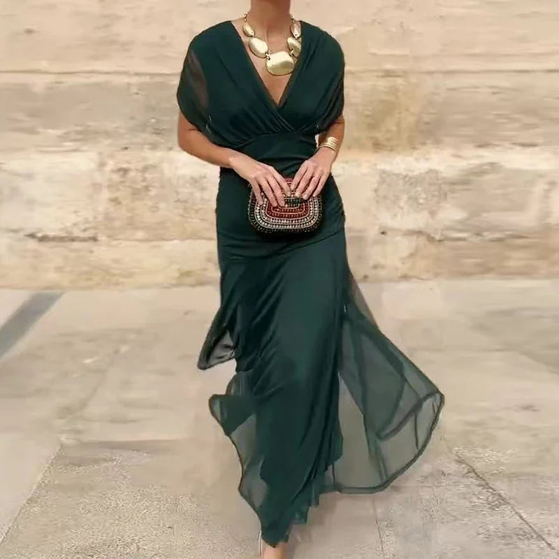 Women's floral off-shoulder maxi dress with ruched waist and flowing skirt
