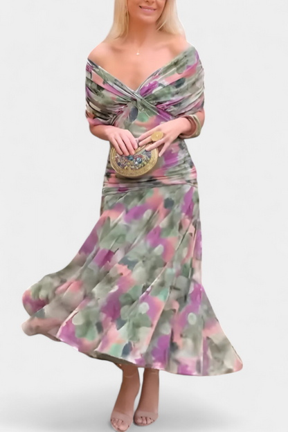 Women's floral off-shoulder maxi dress with ruched waist and flowing skirt