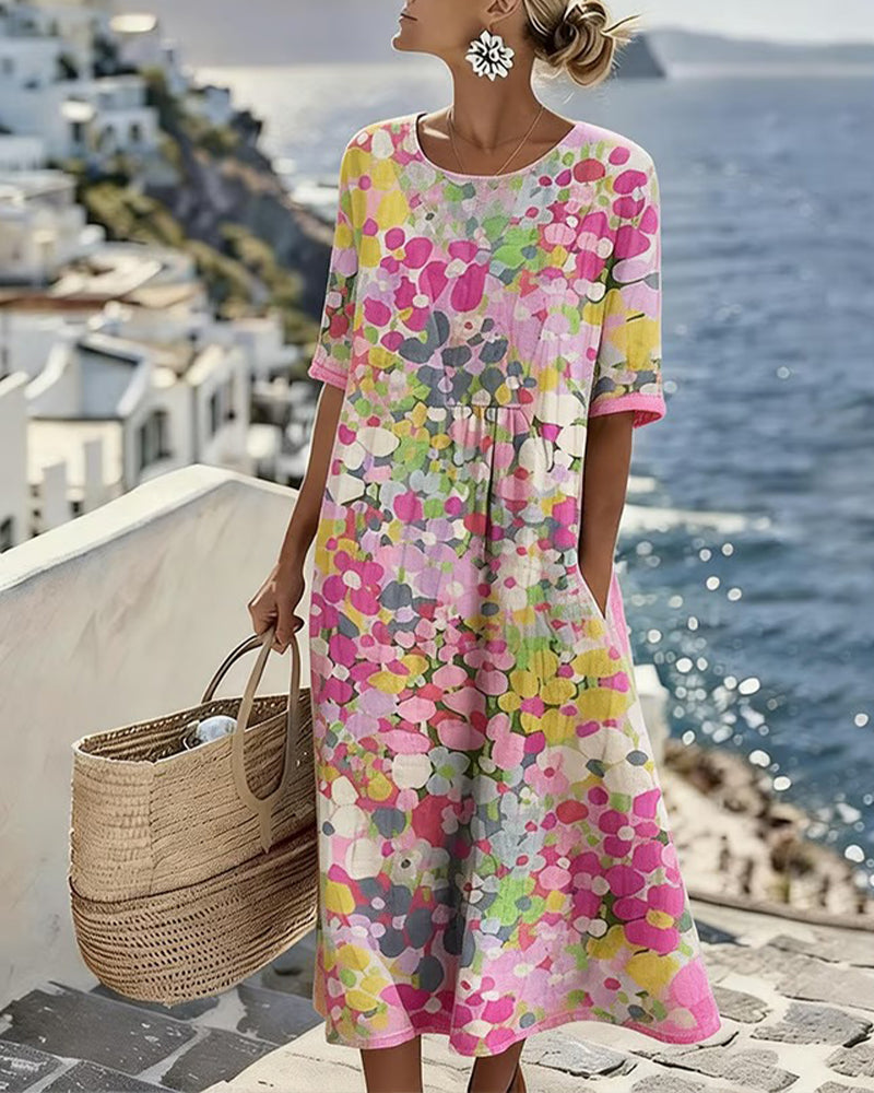 Women's colourful abstract print midi dress with round neckline and 3/4 sleeves