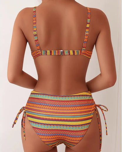 Women's multicoloured striped two-piece swimsuit with sweetheart neckline and tied briefs