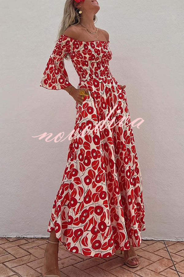 Women's red floral off-shoulder smocked maxi dress with flared sleeves