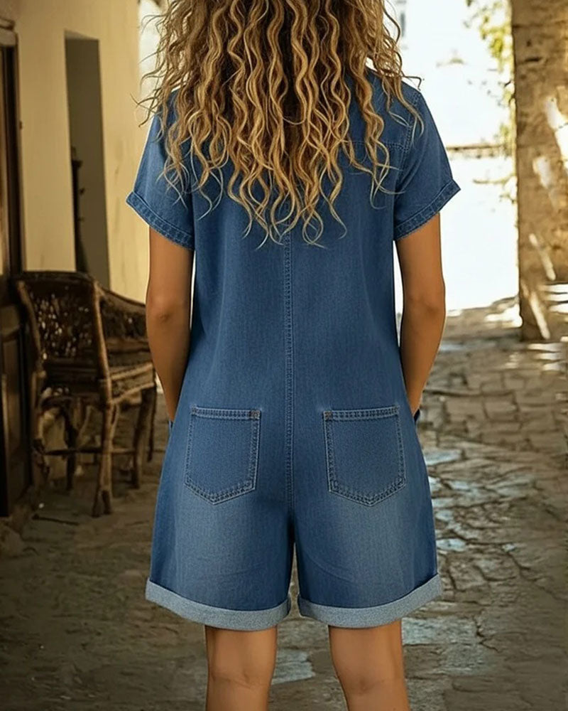 Women's short sleeve button front playsuit with shirt collar, patch pockets and cuffed shorts
