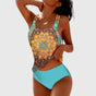 Women's patterned tankini swimsuit set with double straps and high-waisted briefs