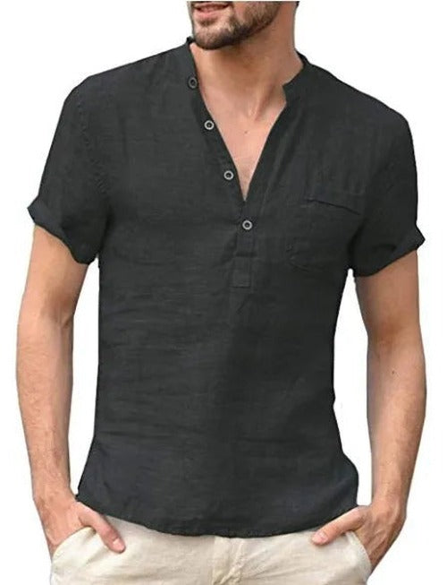 Men's short sleeve shirt with mandarin collar, button placket and chest pocket